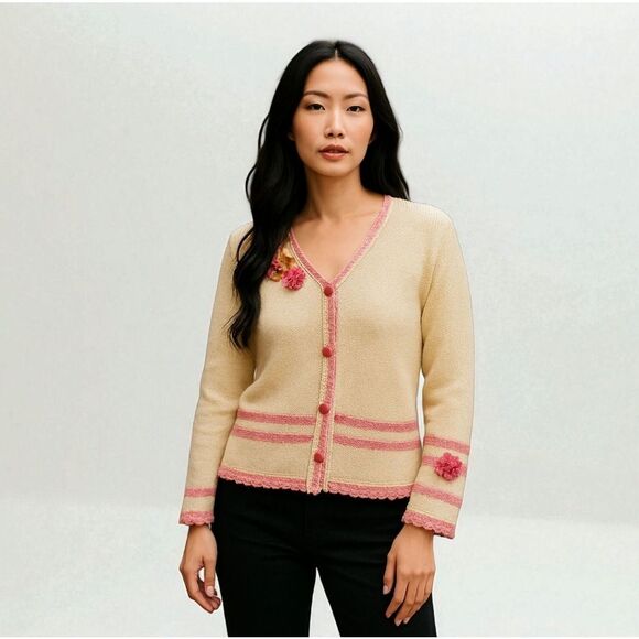 Vintage Sweaters - Vintage Crochet Knit Floral Stripe Pink Coquette Button Down Cardigan Sweater M